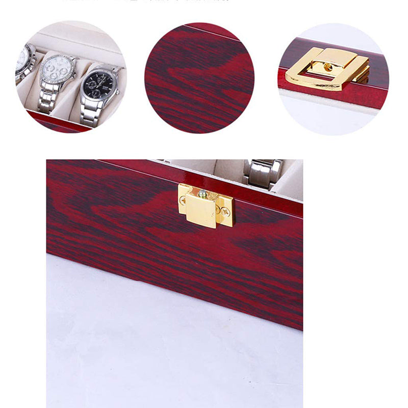 Mens 5 Grids Red Wood Watch Display Case Collection Storage Holder Wooden Box