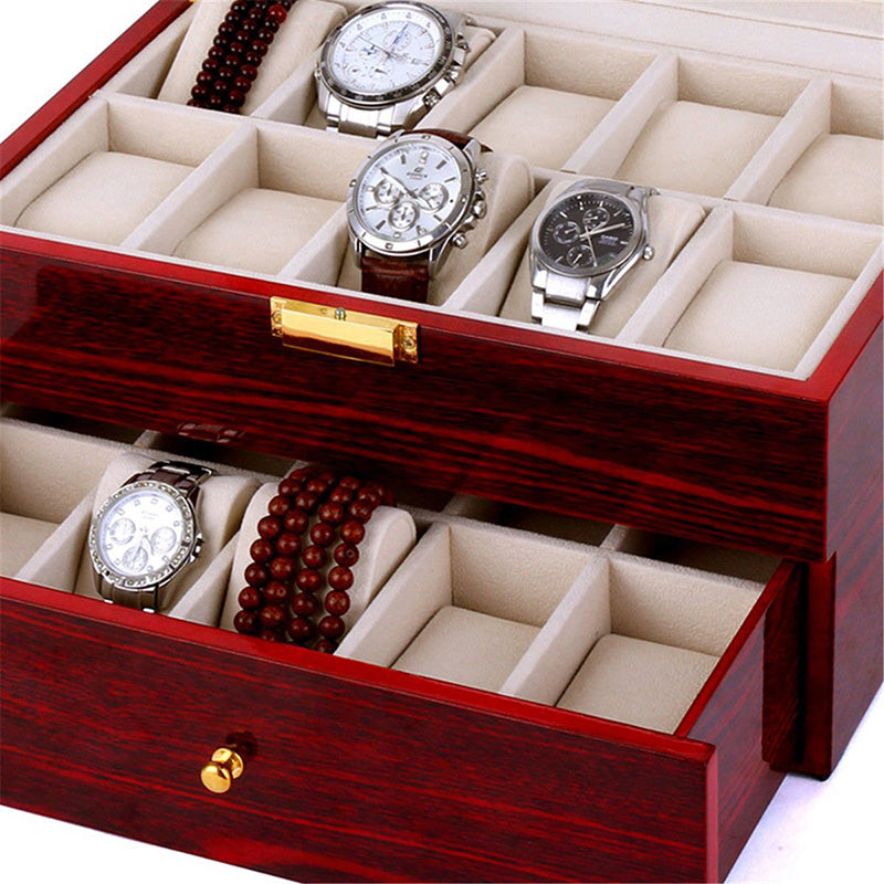 Mens 20 Grids Red Wood Watch Display Case Collection Storage Holder Wooden Box
