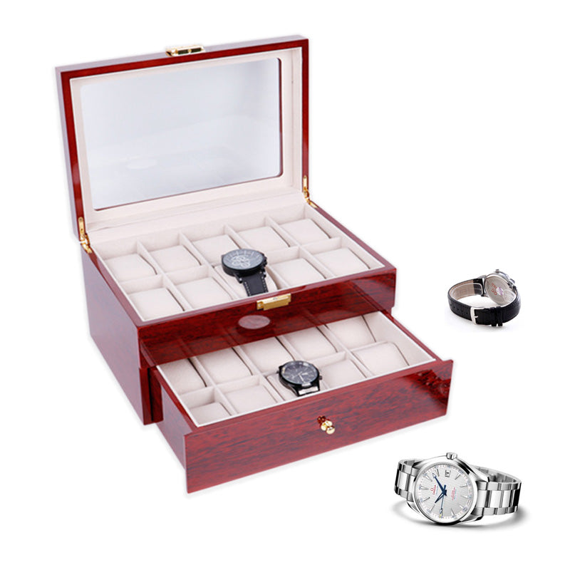 Mens 20 Grids Red Wood Watch Display Case Collection Storage Holder Wooden Box