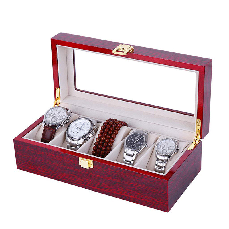 Mens 5 Grids Red Wood Watch Display Case Collection Storage Holder Wooden Box