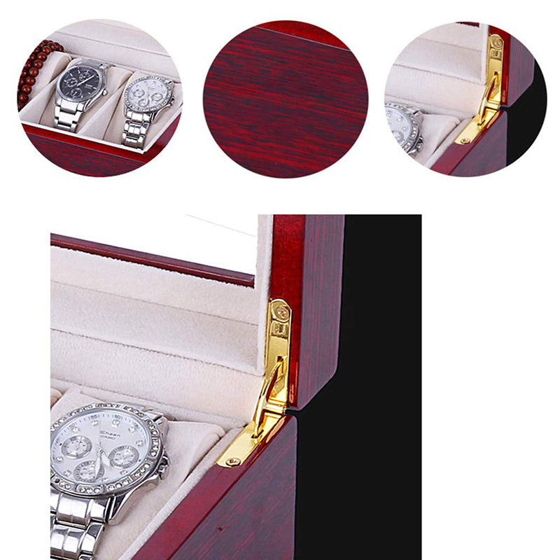 Mens 5 Grids Red Wood Watch Display Case Collection Storage Holder Wooden Box