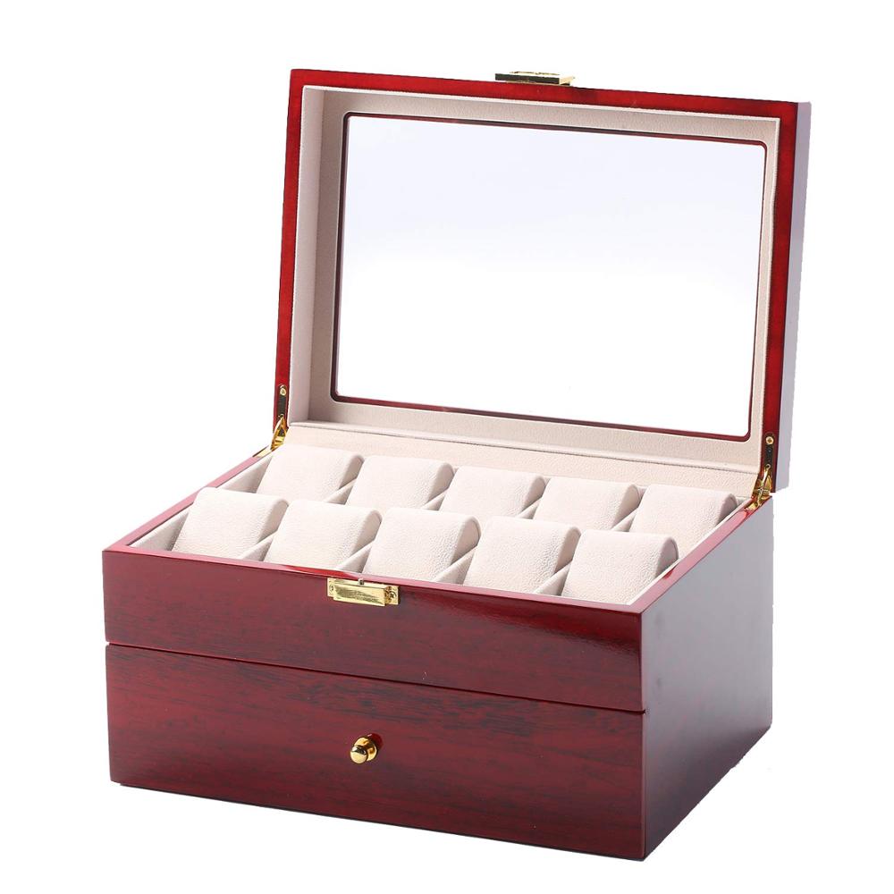 Mens 20 Grids Red Wood Watch Display Case Collection Storage Holder Wooden Box