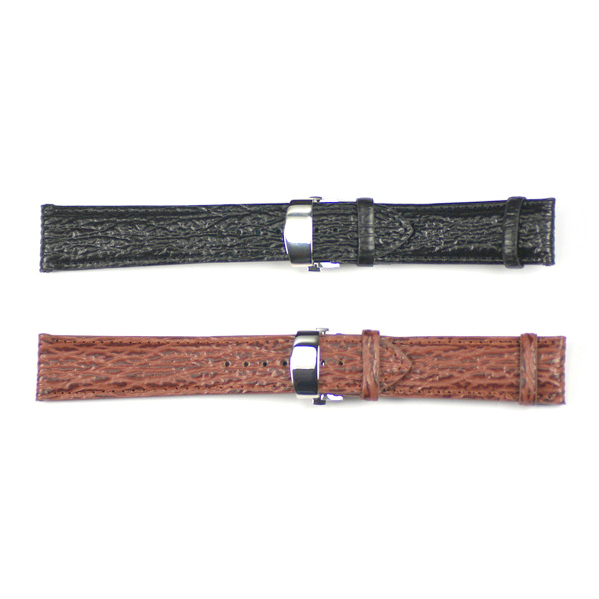 Leather strap shark grain with deployment buckle watch band black brown 16-22mm