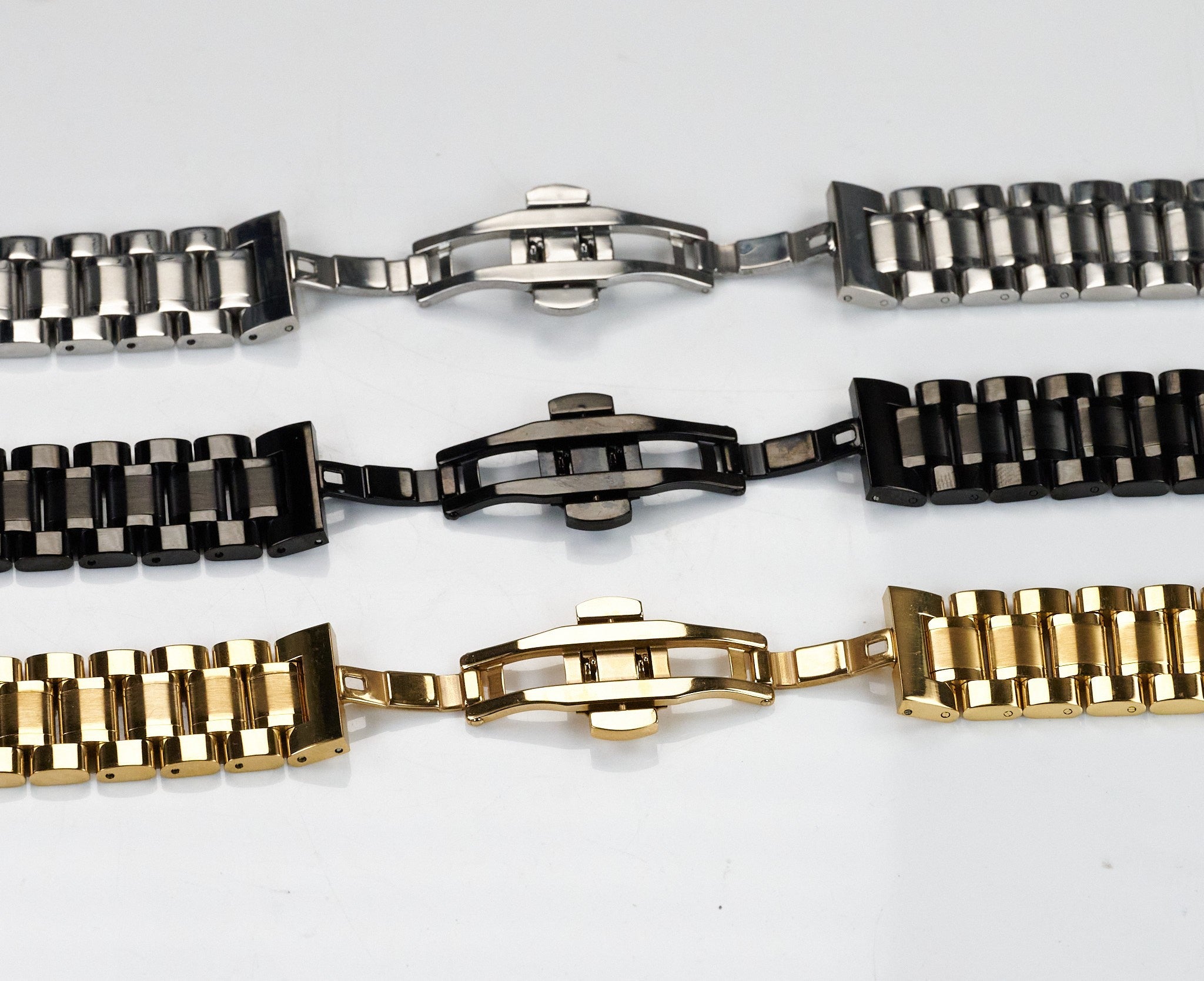 Steel Watch Bracelet Butterfly Clasp Buckle Curved AND Straight Ends Strap Men