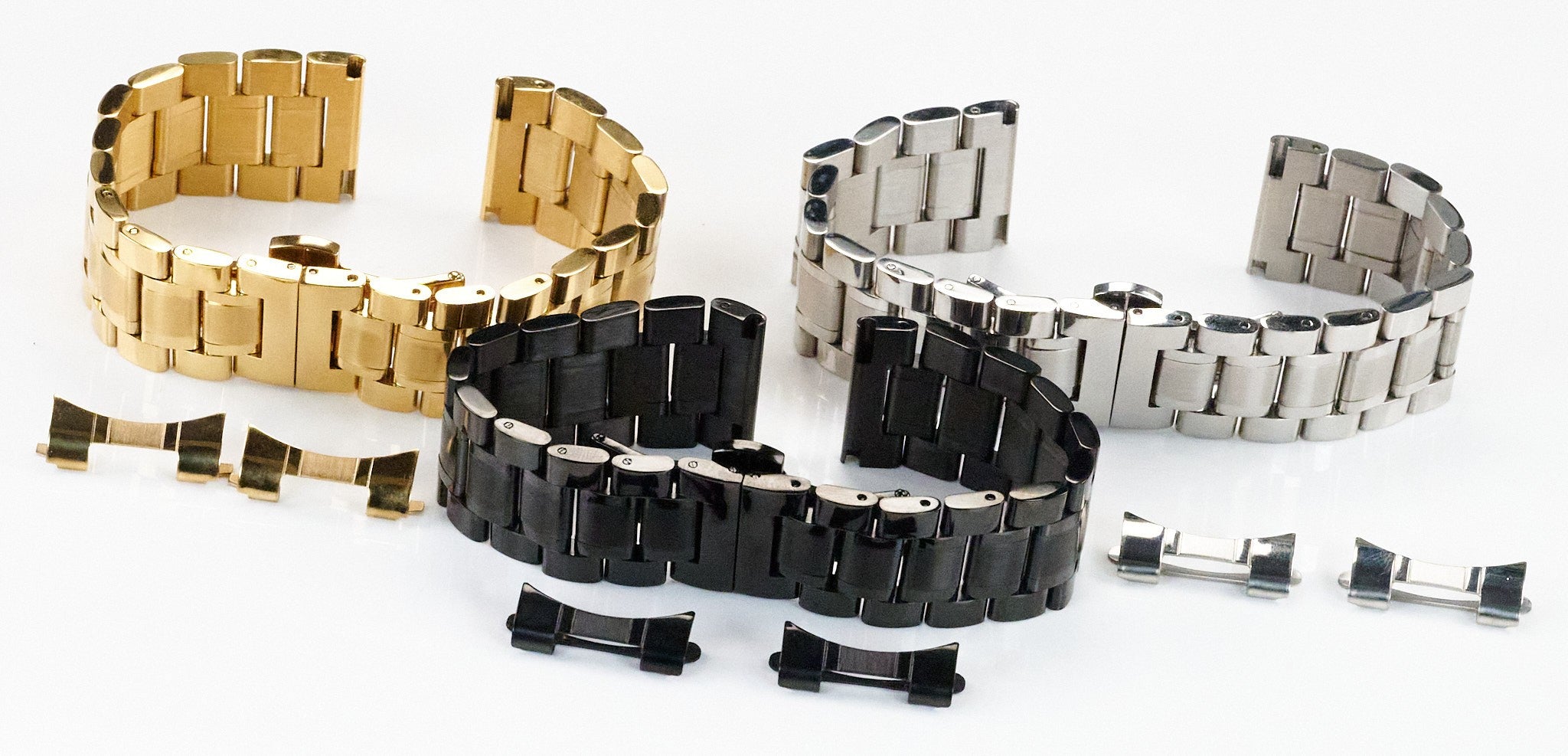 Steel Watch Bracelet Butterfly Clasp Buckle Curved AND Straight Ends Strap Men