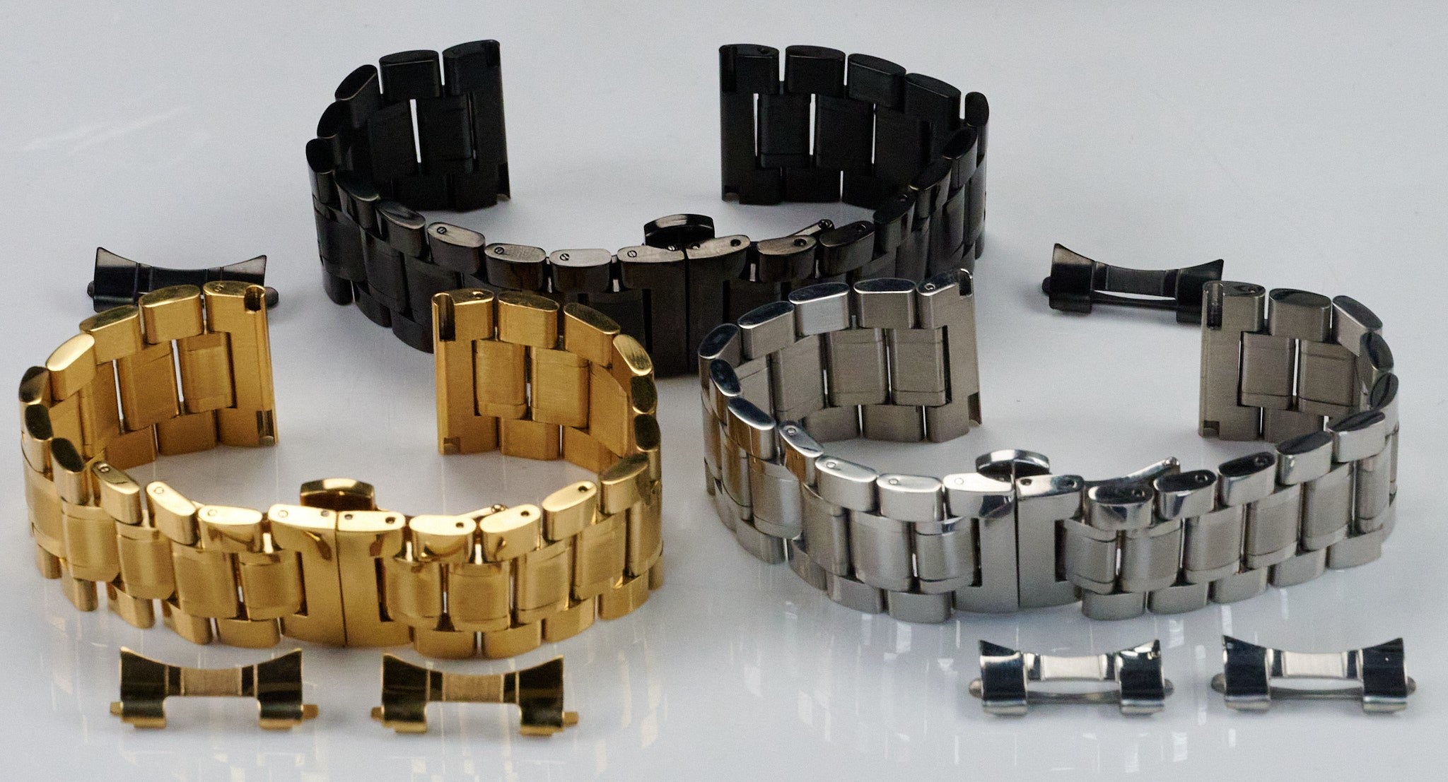 Steel Watch Bracelet Butterfly Clasp Buckle Curved AND Straight Ends Strap Men