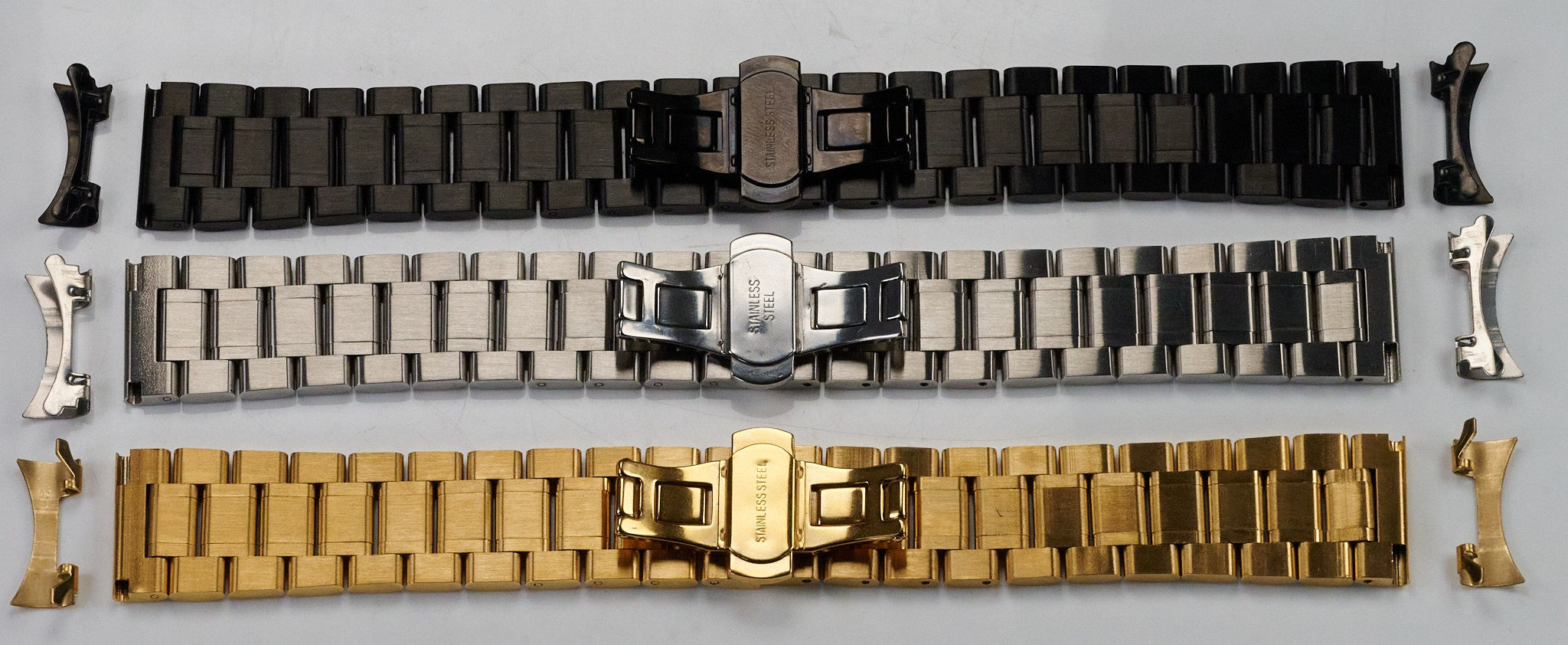 Steel Watch Bracelet Butterfly Clasp Buckle Curved AND Straight Ends Strap Men