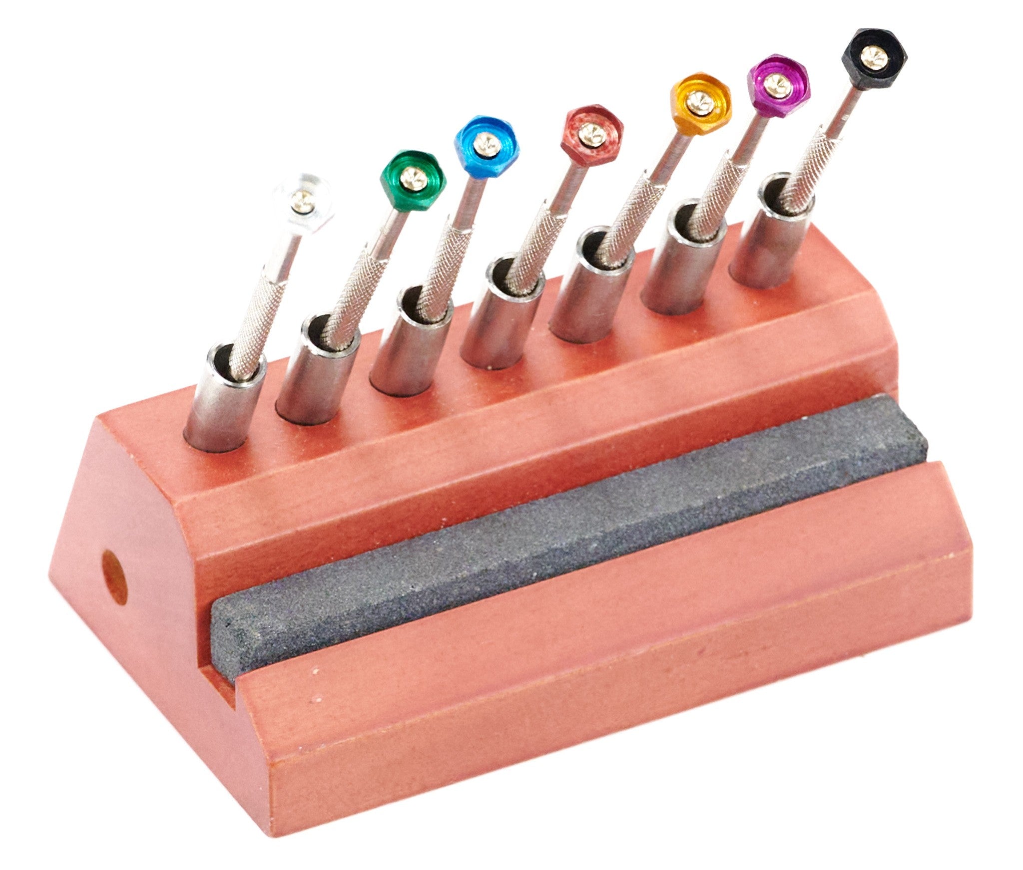 7x Screwdrivers & Wood Stand Watchmakers Sharpening Stone Holder Tool Container