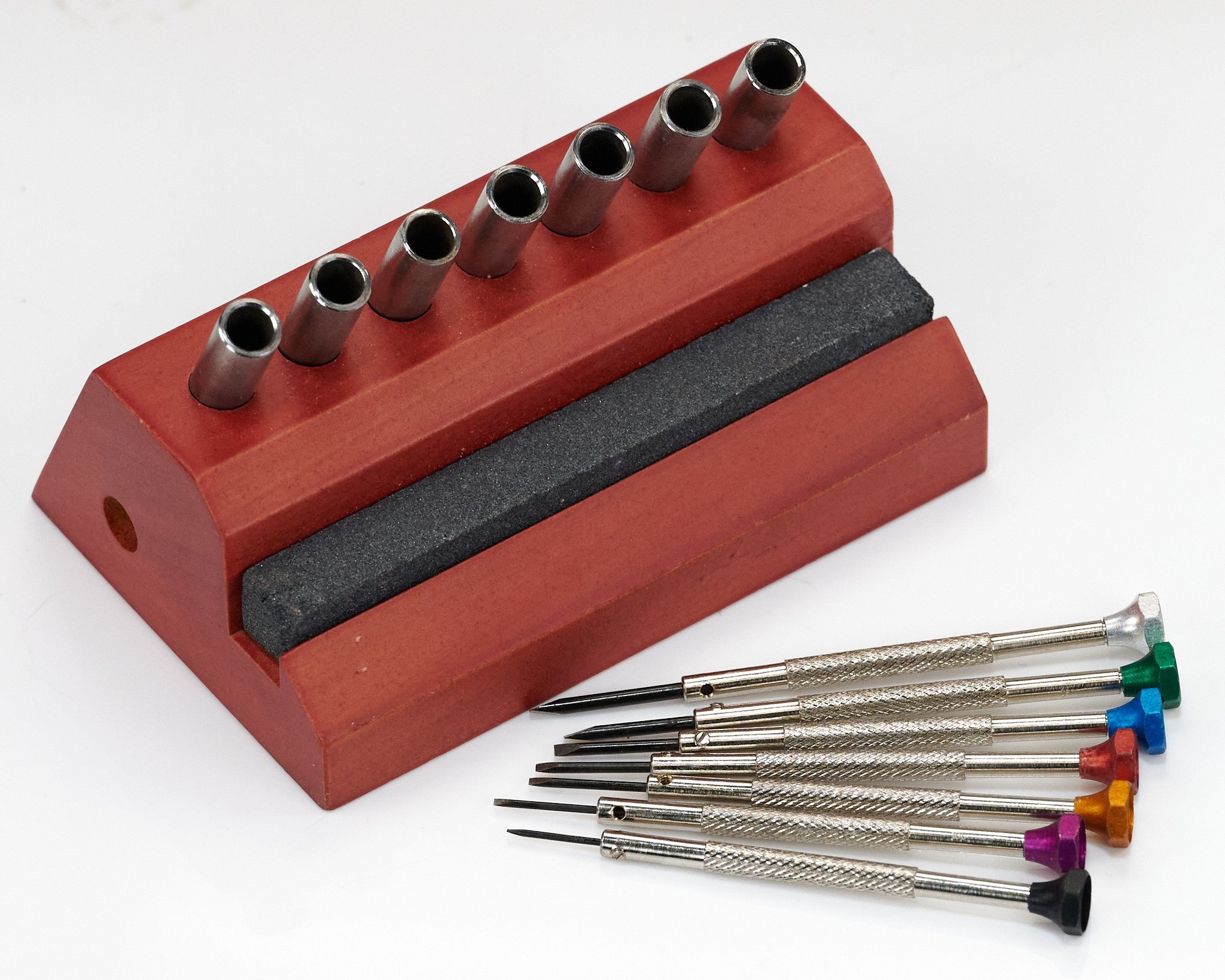 7x Screwdrivers & Wood Stand Watchmakers Sharpening Stone Holder Tool Container