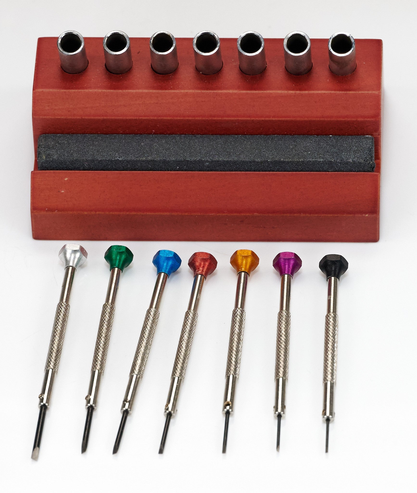 7x Screwdrivers & Wood Stand Watchmakers Sharpening Stone Holder Tool Container