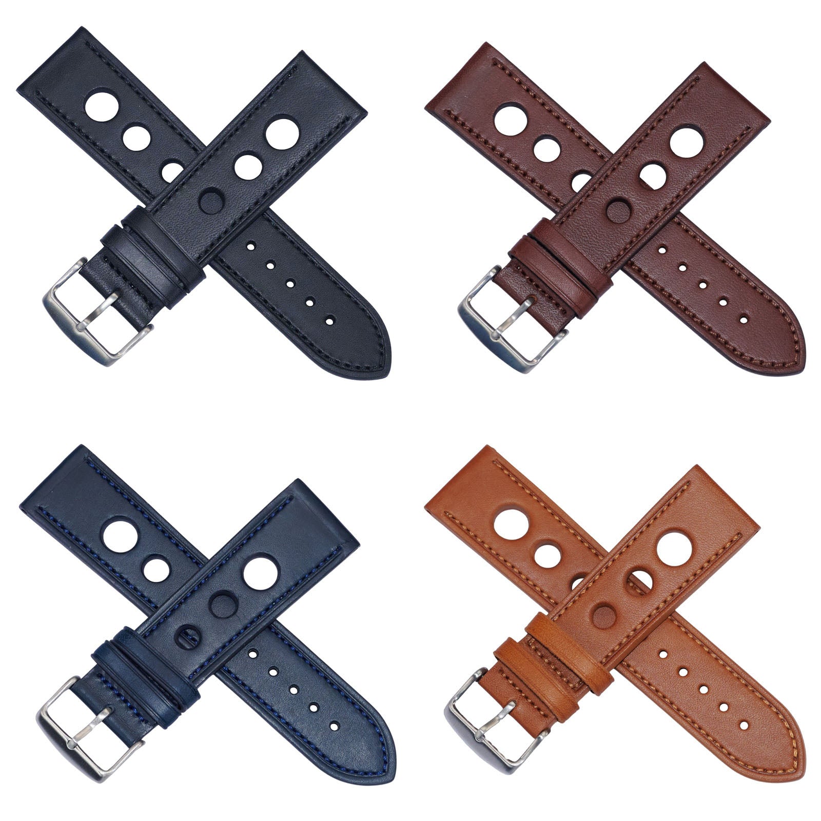 Quality leather rally racing strap with stitching thick heavy duty mens 20-24mm