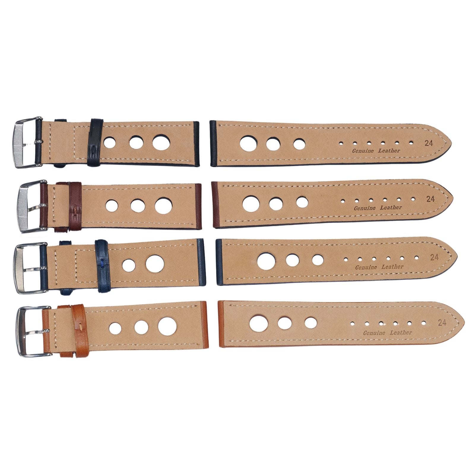 Quality leather rally racing strap with stitching thick heavy duty mens 20-24mm