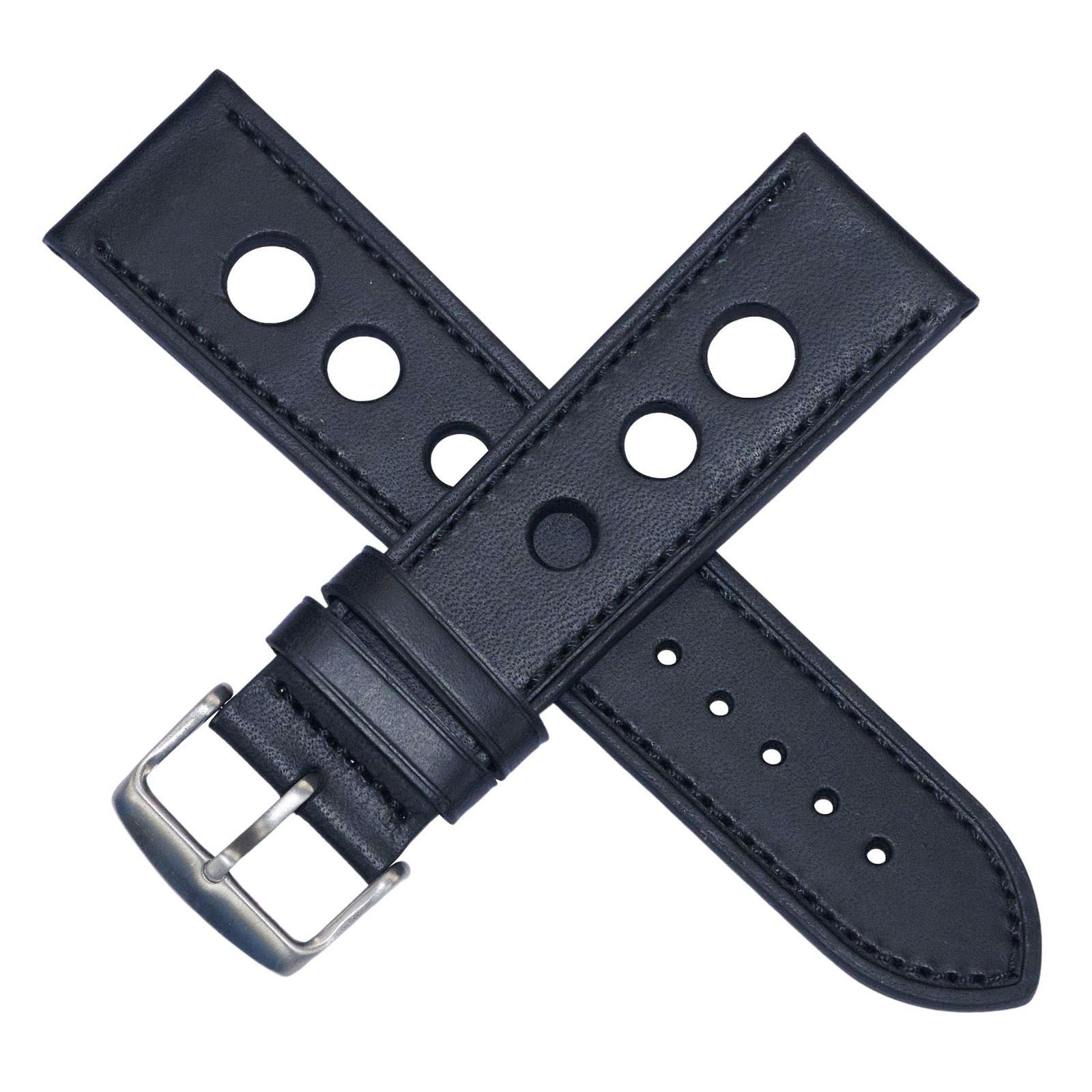 Quality leather rally racing strap with stitching thick heavy duty mens 20-24mm
