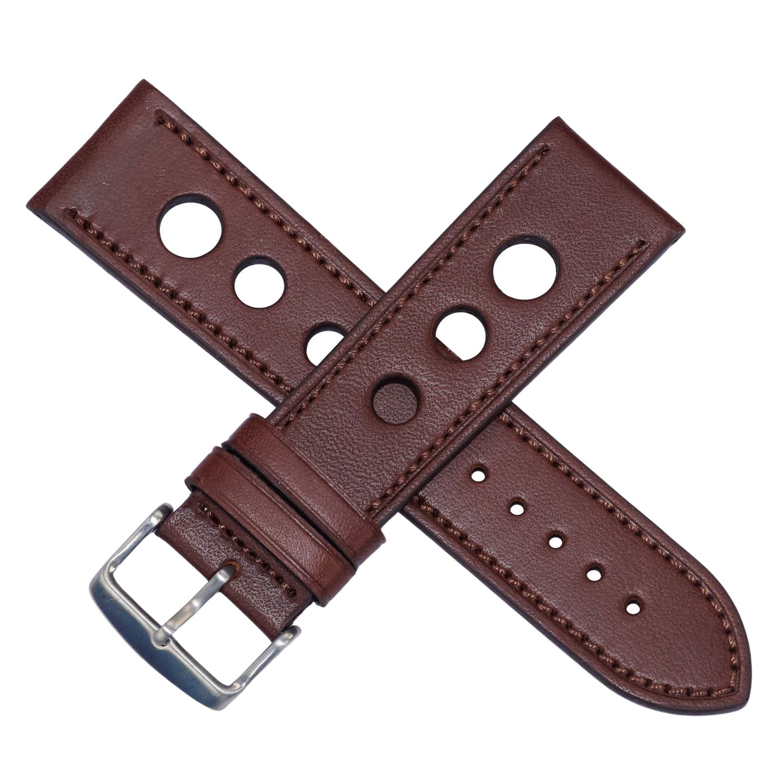 Quality leather rally racing strap with stitching thick heavy duty mens 20-24mm