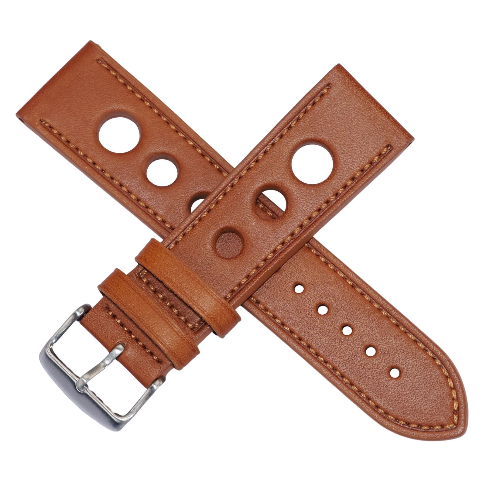 Quality leather rally racing strap with stitching thick heavy duty mens 20-24mm