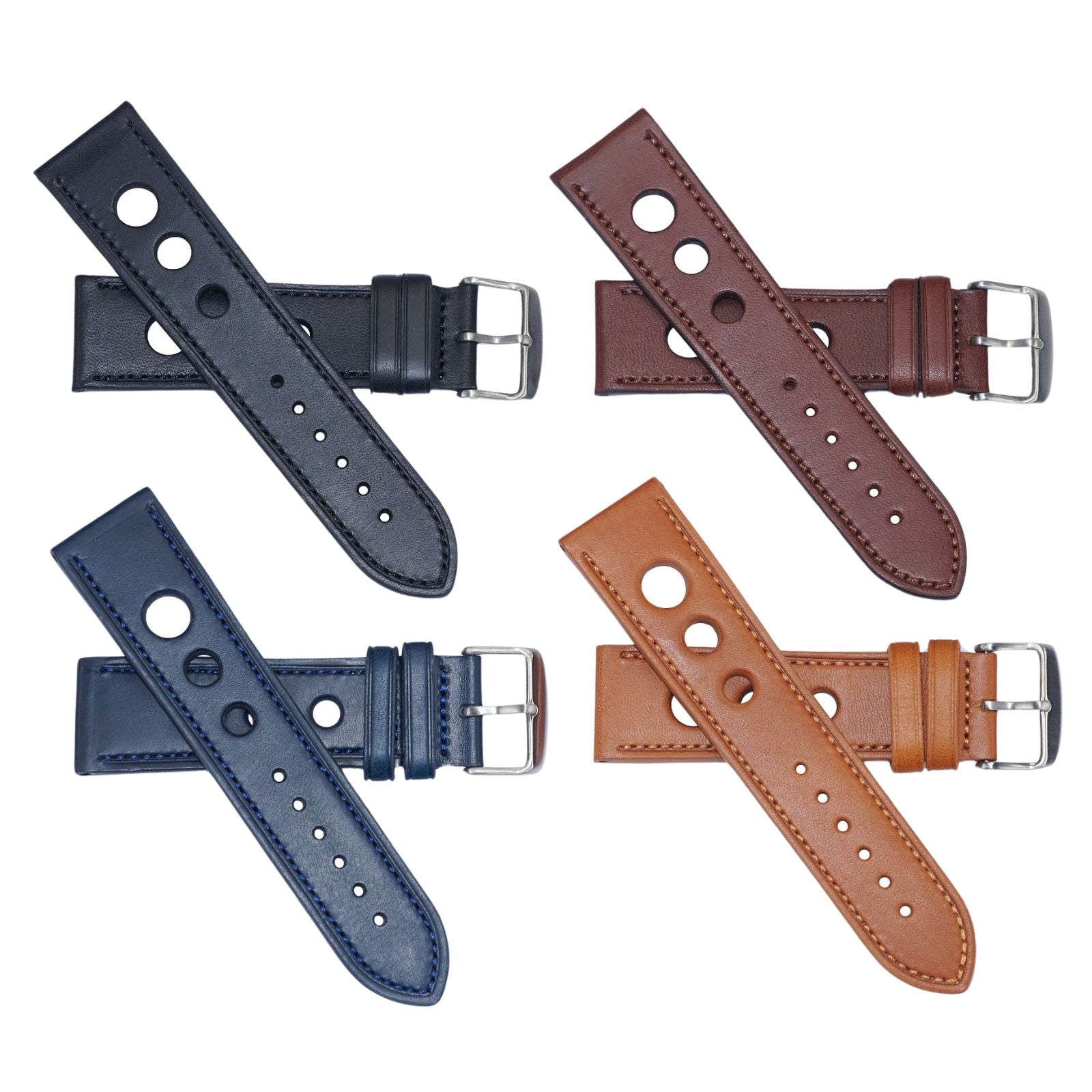 Quality leather rally racing strap with stitching thick heavy duty mens 20-24mm