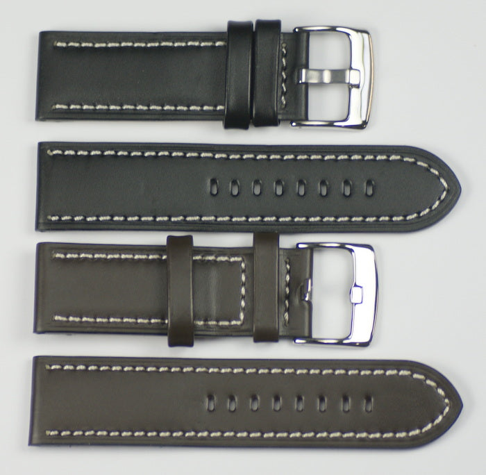 Mens watch strap SMOOTH GRAIN white stitching black brown leather 18mm - 24mm