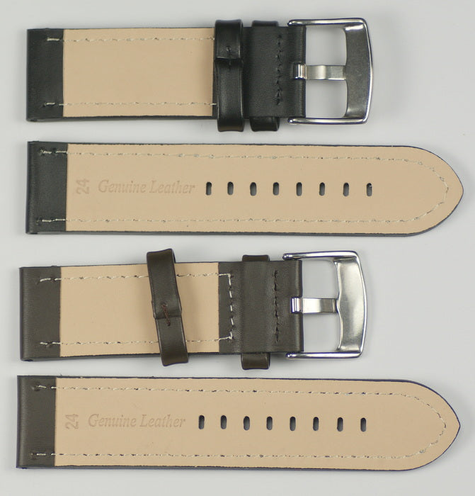 Mens watch strap SMOOTH GRAIN white stitching black brown leather 18mm - 24mm