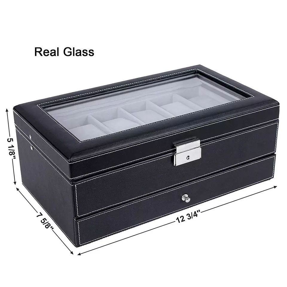 Men's 12 Grids PU Faux Leather Watch Display Case Collection Storage Holder Box