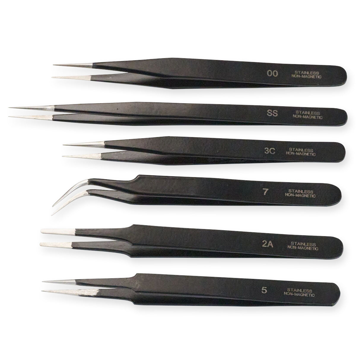 6x Tweezers Black Epoxy Coated Jewellery & Watch Repair Non Magnetic Steel Tools