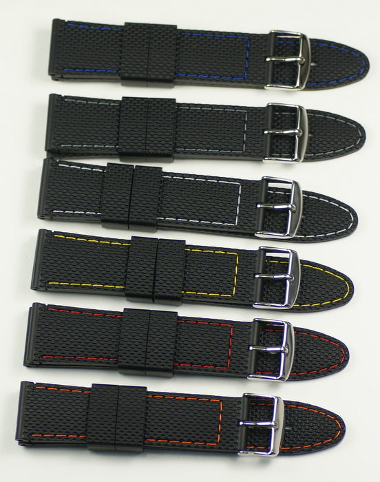 Black Silicon racing watch strap coloured stitching waterproof divers rubber