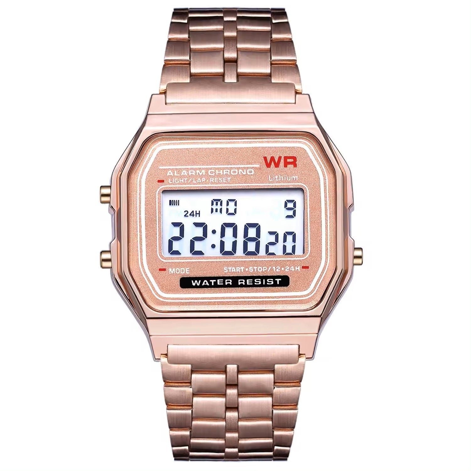 Alarm Watch Retro Digital Vintage Style 70's 80's LED Black Steel Rose Gold New