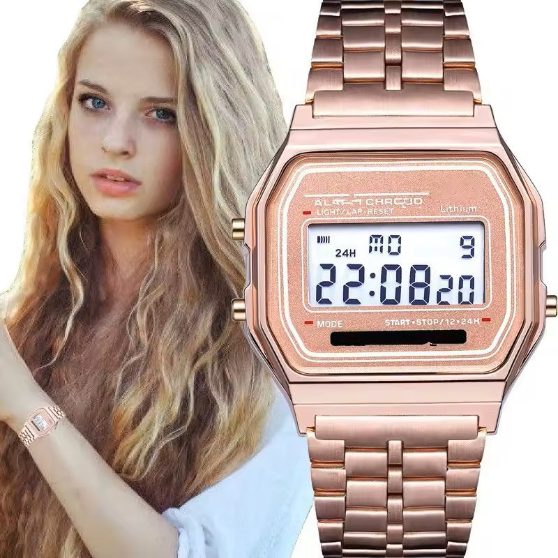 Alarm Watch Retro Digital Vintage Style 70's 80's LED Black Steel Rose Gold New