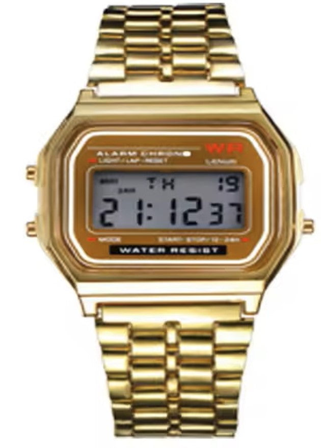 Alarm Watch Retro Digital Vintage Style 70's 80's LED Black Steel Rose Gold New